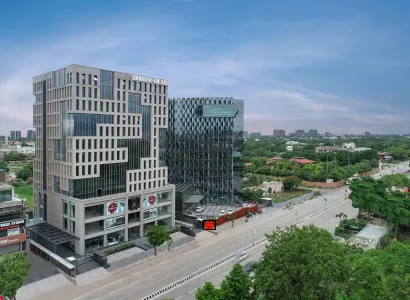 Exterior view of Karma Workspaces building, Sindhu Bhavan Road, Ahmedabad