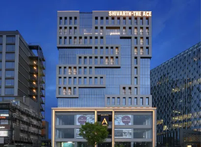 Night view of Karma Workspaces building, Sindhu Bhavan Road, Ahmedabad