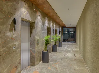 Lift lobby on the ground floor at Karma Workspaces, Ahmedabad