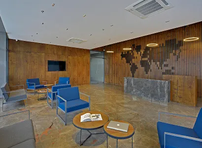 Ground floor reception at Karma Workspaces, Sindhu Bhavan Road, Ahmedabad