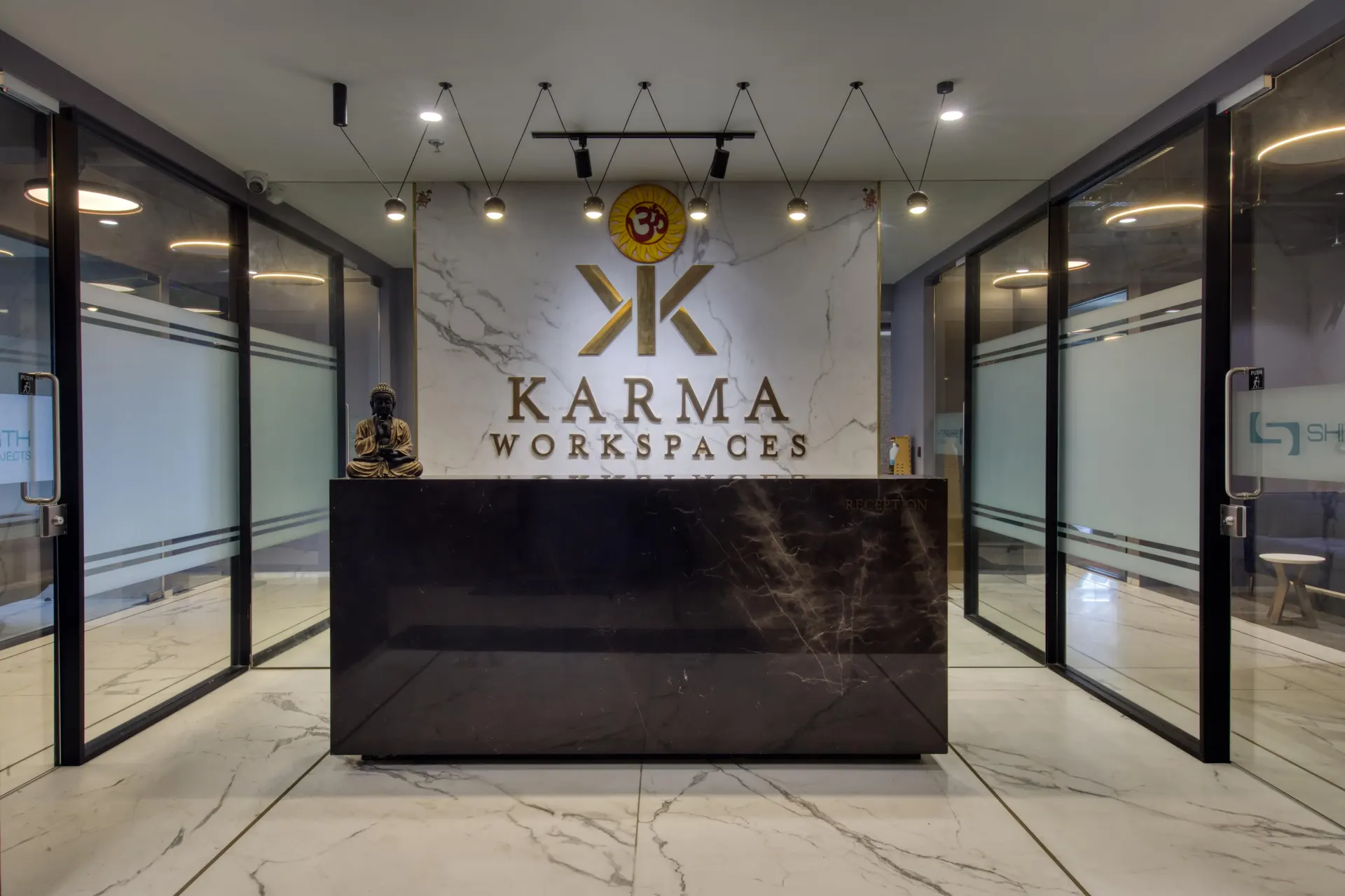 Reception area at Karma Workspaces, Sindhu Bhavan Road, Ahmedabad